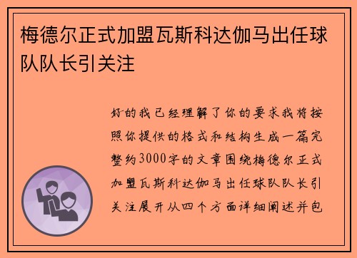 梅德尔正式加盟瓦斯科达伽马出任球队队长引关注 梅德尔正式加盟瓦斯科达伽马出任球队队长引关注