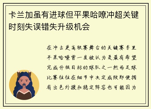 卡兰加虽有进球但平果哈嘹冲超关键时刻失误错失升级机会