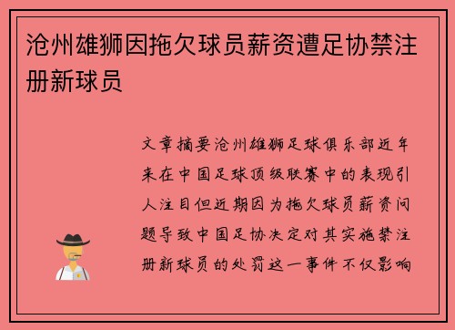 沧州雄狮因拖欠球员薪资遭足协禁注册新球员 沧州雄狮因拖欠球员薪资遭足协禁注册新球员