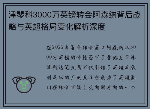 津琴科3000万英镑转会阿森纳背后战略与英超格局变化解析深度